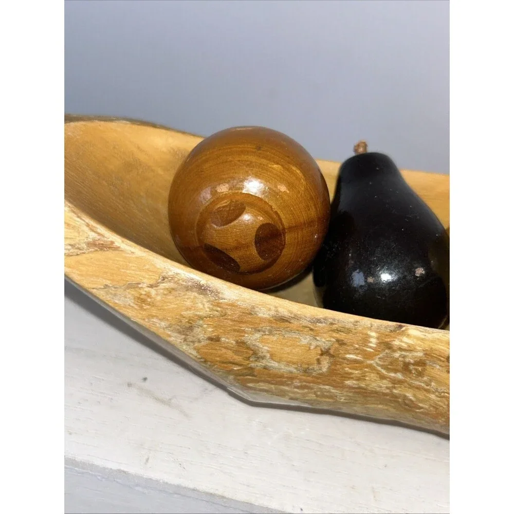 Vtg Retro MCM Carved Bowl Wooden Vegetable Fruit 5 Pc Set Fall Cottage Country